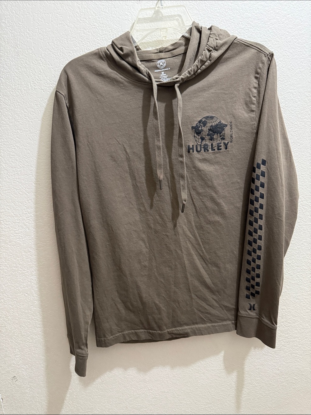 Hurley Men's Olive Green Hooded Long-Sleeve Tee with Checker Sleeve